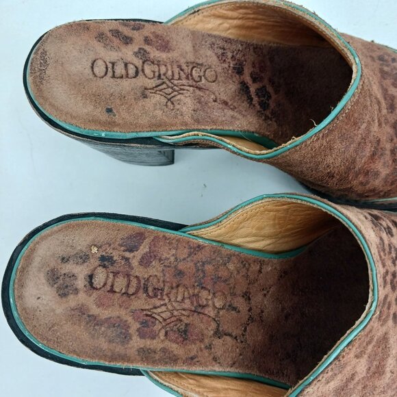 Old Gringo Leopard Print Suede Mules Size 5B Turquoise Trim Western Cowgirl - Picture 8 of 13